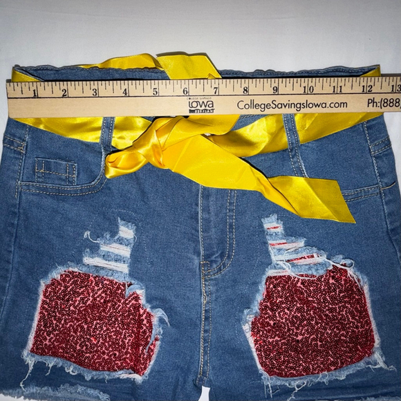 Girls L Distressed Sequin Denim Shorts Yellow Ribbon Belt Adjustable Waist Bling - Picture 3 of 6